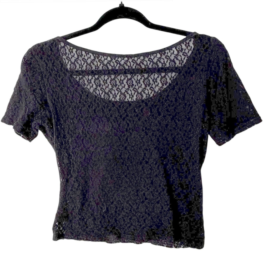 Black Floral Lace Short Sleeve Scoop Neck Cropped Top Blouse whimsigoth Y2K
